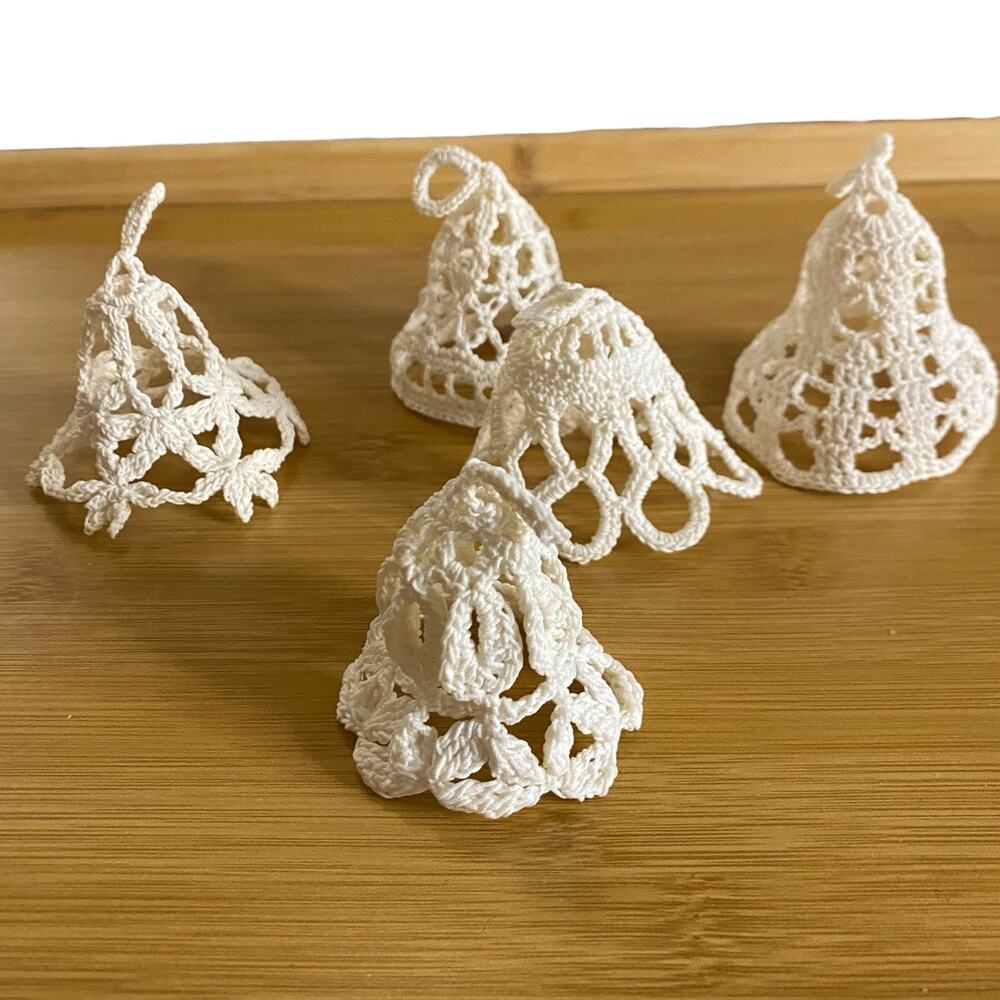 Vintage Handmade Crochet Lace Bell Ornaments Set of 5 White Cotton Christmas